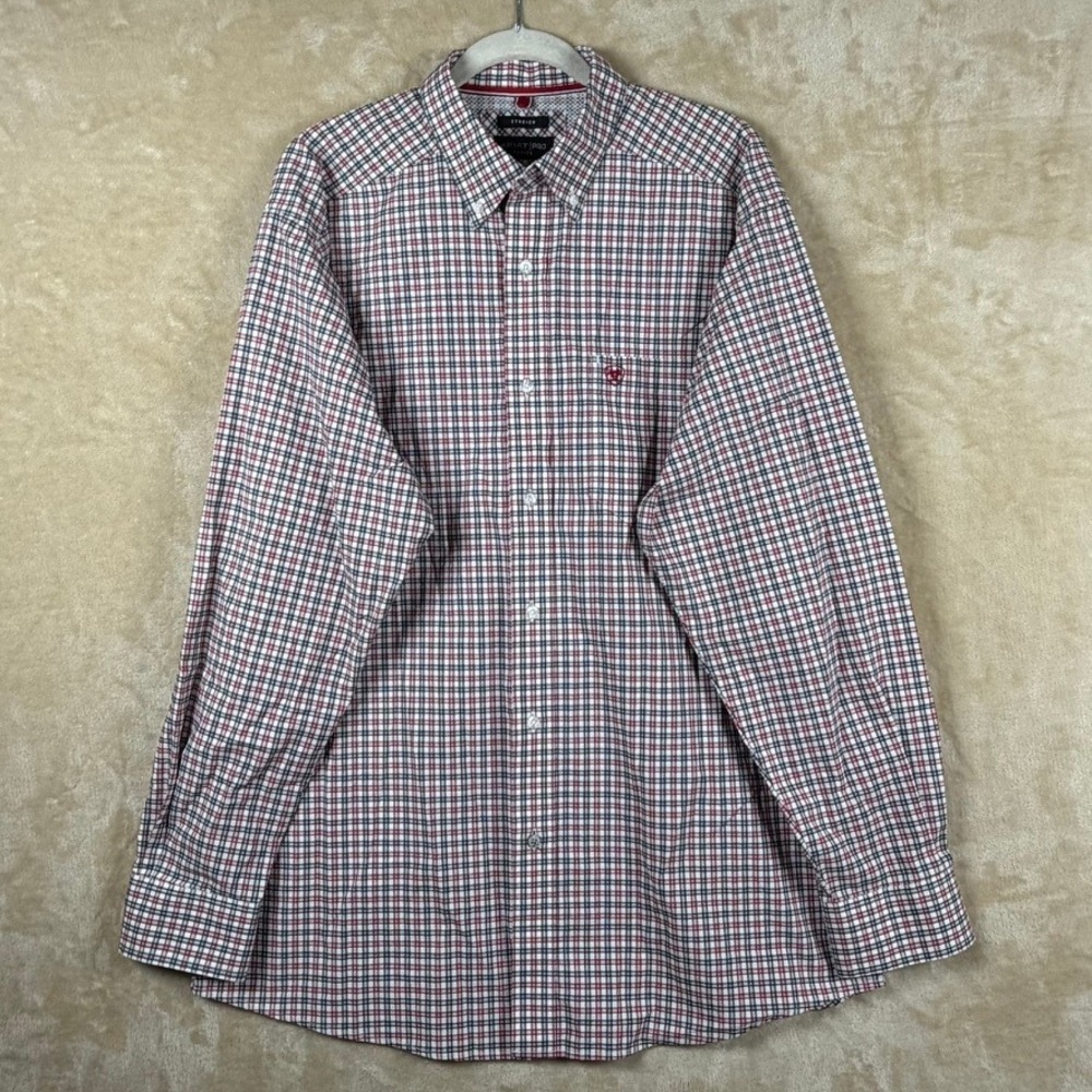 Ariat Pro Series Mens L Long Sleeve Red Black Plaid Button Down Shirt Ranchwear